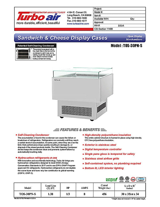 Turbo Air TOS-30PN-S 30" Stainless Steel Horizontal Open Display Merchandiser / Air Curtain Sandwich and Cheese Display Case – 1 Level, 115v - Donut-Equipment.com