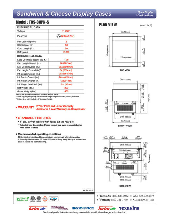 Turbo Air TOS-30PN-S 30" Stainless Steel Horizontal Open Display Merchandiser / Air Curtain Sandwich and Cheese Display Case – 1 Level, 115v - Bakery Wholesalers