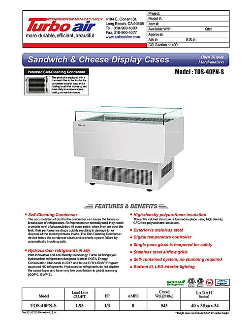 Turbo Air TOS-40PN-S 40" Stainless Steel Horizontal Open Display Merchandiser / Air Curtain Sandwich and Cheese Display Case – 1 Level, 115v - Donut-Equipment.com