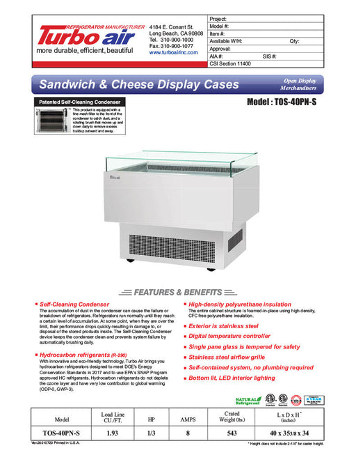 Turbo Air TOS-40PN-S 40" Stainless Steel Horizontal Open Display Merchandiser / Air Curtain Sandwich and Cheese Display Case – 1 Level, 115v - Bakery Wholesalers