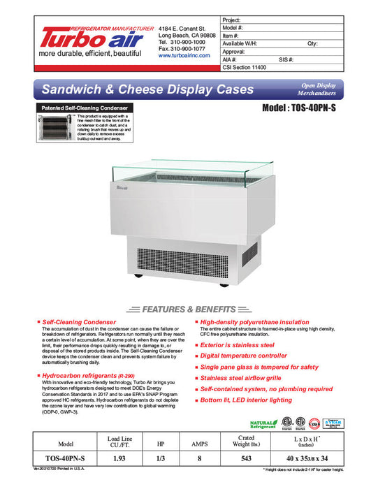 Turbo Air TOS-40PN-S 40" Stainless Steel Horizontal Open Display Merchandiser / Air Curtain Sandwich and Cheese Display Case – 1 Level, 115v - Bakery Wholesalers