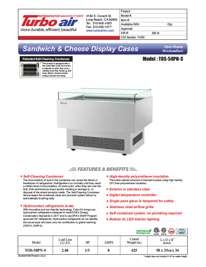 Turbo Air TOS-50PN-S 50" Stainless Steel Horizontal Open Display Merchandiser / Air Curtain Sandwich and Cheese Display Case – 1 Level, 115v - Donut-Equipment.com