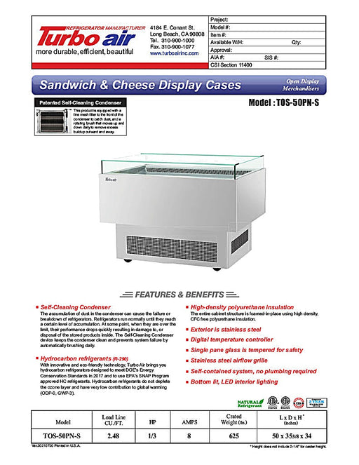 Turbo Air TOS-50PN-S 50" Stainless Steel Horizontal Open Display Merchandiser / Air Curtain Sandwich and Cheese Display Case – 1 Level, 115v - Donut-Equipment.com