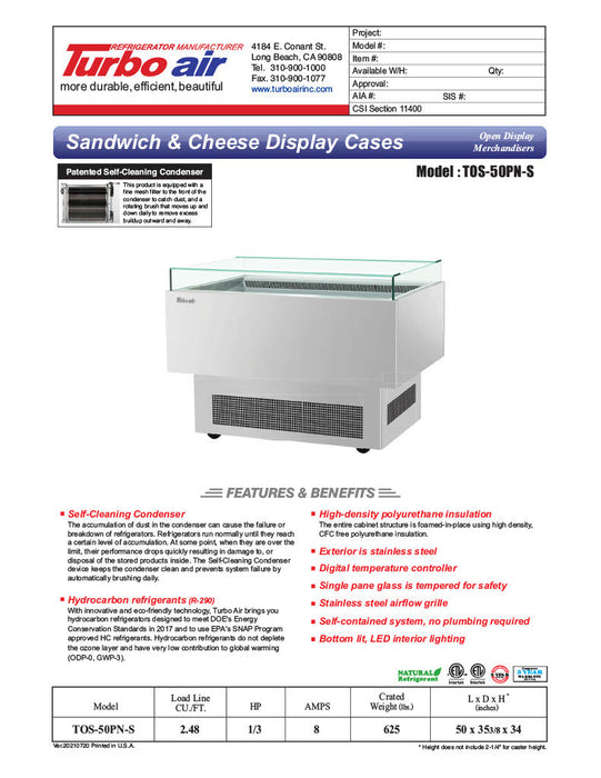 Turbo Air TOS-50PN-S 50" Stainless Steel Horizontal Open Display Merchandiser / Air Curtain Sandwich and Cheese Display Case – 1 Level, 115v - Bakery Wholesalers