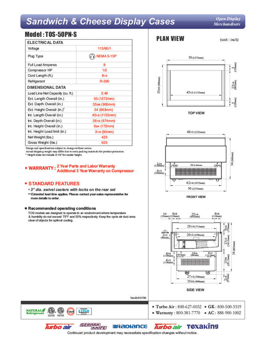 Turbo Air TOS-50PN-S 50" Stainless Steel Horizontal Open Display Merchandiser / Air Curtain Sandwich and Cheese Display Case – 1 Level, 115v - Bakery Wholesalers