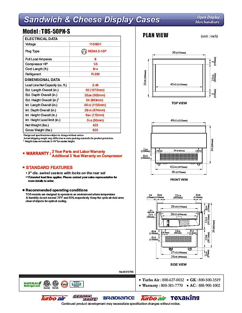 Turbo Air TOS-50PN-S 50" Stainless Steel Horizontal Open Display Merchandiser / Air Curtain Sandwich and Cheese Display Case – 1 Level, 115v - Donut-Equipment.com