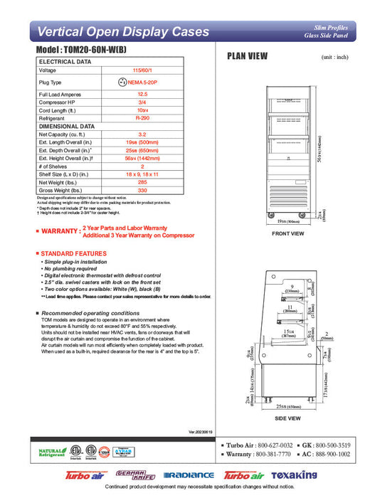 Turbo Air TOM20-60N-W 19 5/8" White Vertical Open Air Cooler – 3 Levels, 115v - Bakery Wholesalers