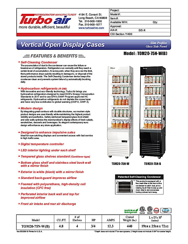 Turbo Air TOM20-75N-W 19 5/8" White Vertical Open Air Cooler – 5 Levels, 115v - Donut-Equipment.com