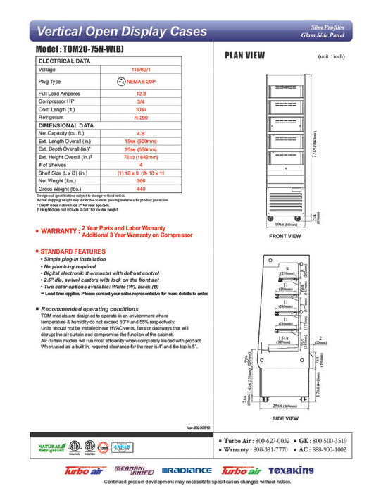 Turbo Air TOM20-75N-B 19 5/8" Black Vertical Open Air Cooler – 5 Levels, 115v - Bakery Wholesalers