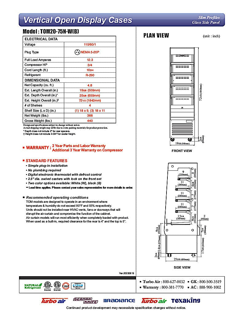 Turbo Air TOM20-75N-W 19 5/8" White Vertical Open Air Cooler – 5 Levels, 115v - Donut-Equipment.com