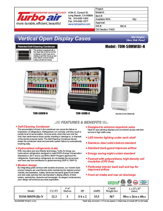 Turbo Air TOM-50MB-N 50 7/8" Black Vertical Open Air Cooler – 4 Levels, 115v - Bakery Wholesalers