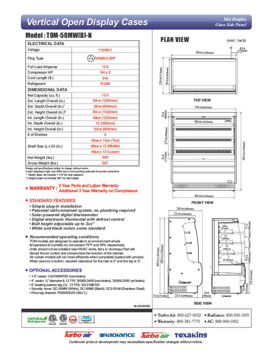 Turbo Air TOM-50MB-N 50 7/8" Black Vertical Open Air Cooler – 4 Levels, 115v - Bakery Wholesalers