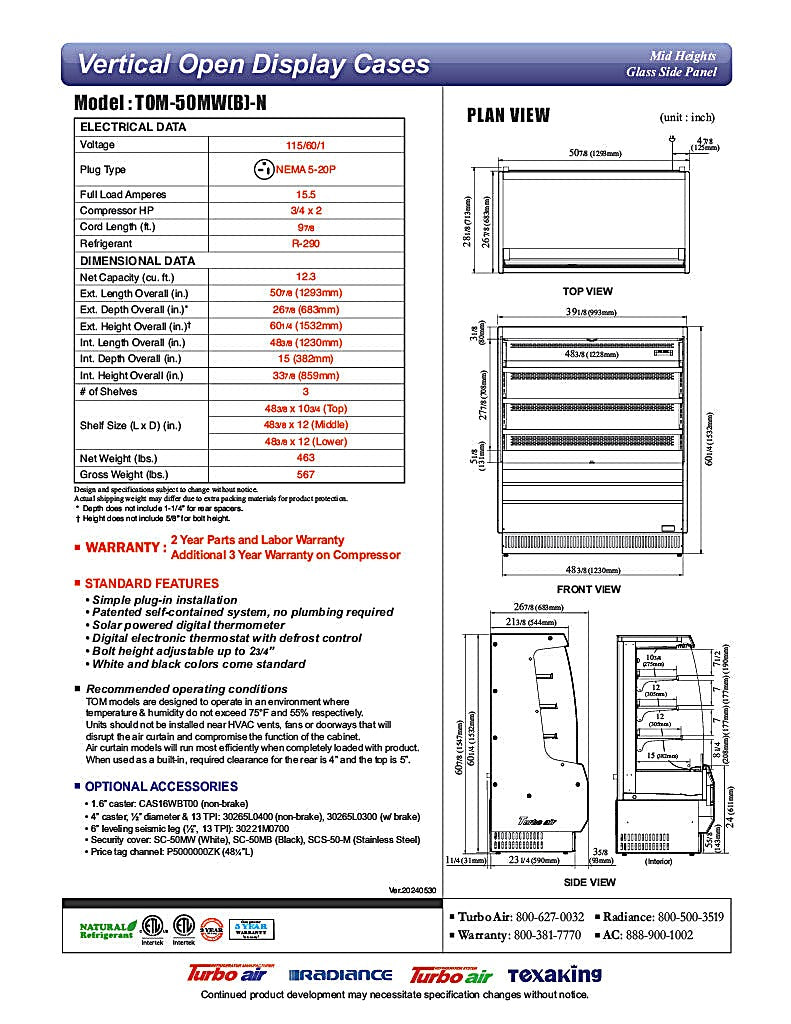 Turbo Air TOM-50MW-N 50 7/8" White Vertical Open Air Cooler – 4 Levels, 115v - Donut-Equipment.com