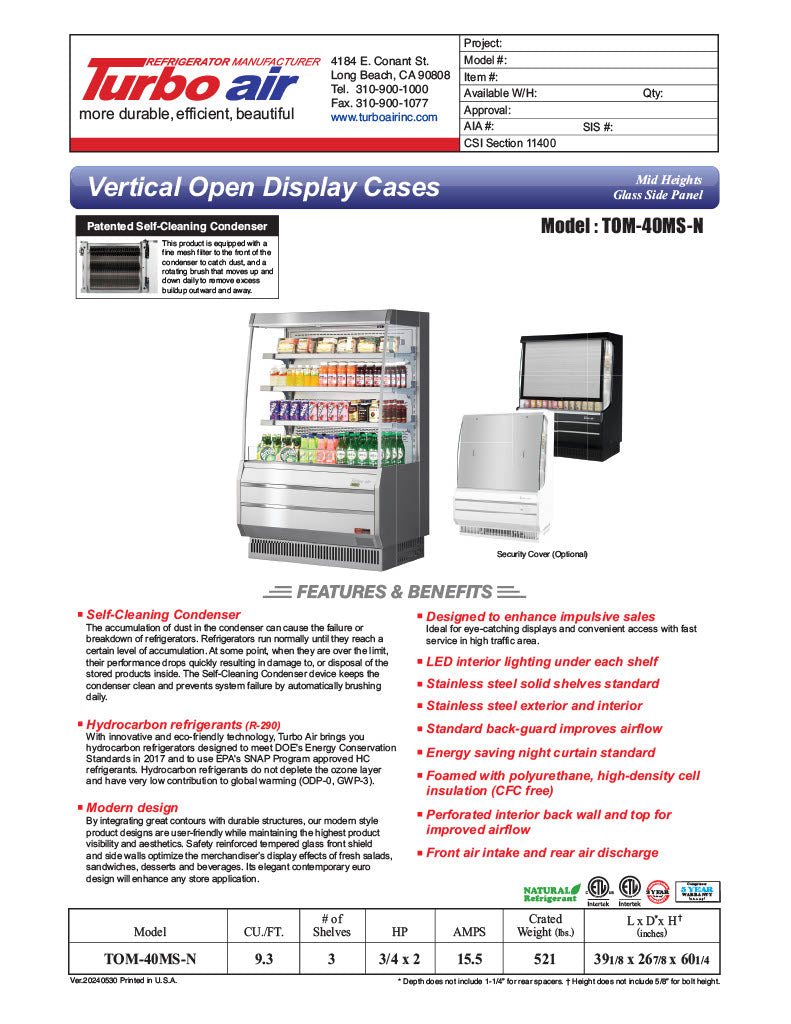Turbo Air TOM-40MS-N 39 1/8" Stainless Steel Vertical Open Air Cooler – 4 Levels, 115v - Donut-Equipment.com