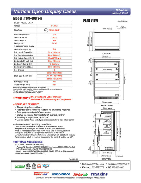 Turbo Air TOM-40MS-N 39 1/8" Stainless Steel Vertical Open Air Cooler – 4 Levels, 115v - Bakery Wholesalers