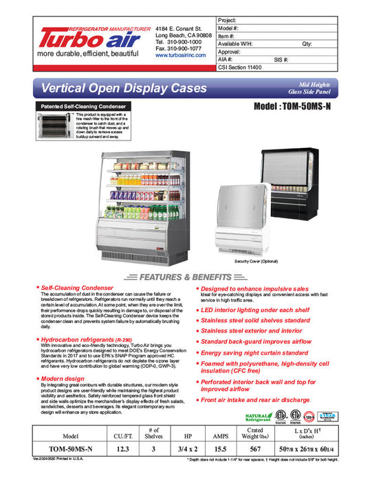 Turbo Air TOM-50MS-N 50 7/8" Stainless Steel Vertical Open Air Cooler w/ (4) Levels, 115v - Bakery Wholesalers