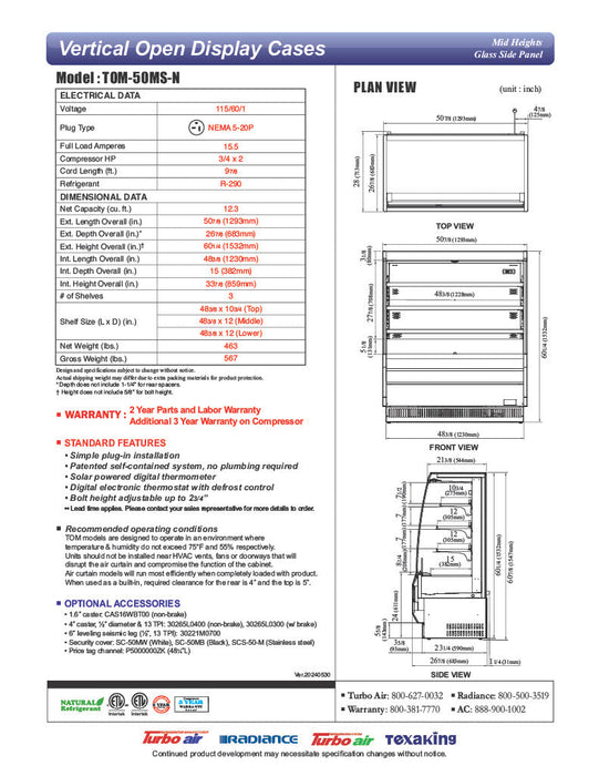 Turbo Air TOM-50MS-N 50 7/8" Stainless Steel Vertical Open Air Cooler w/ (4) Levels, 115v - Bakery Wholesalers