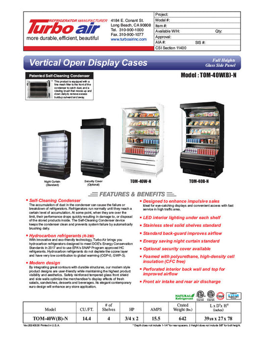 Turbo Air TOM-40B-N 39 1/8" Vertical Open Air Cooler w/ (5) Levels – Black Exterior, 115v - Bakery Wholesalers