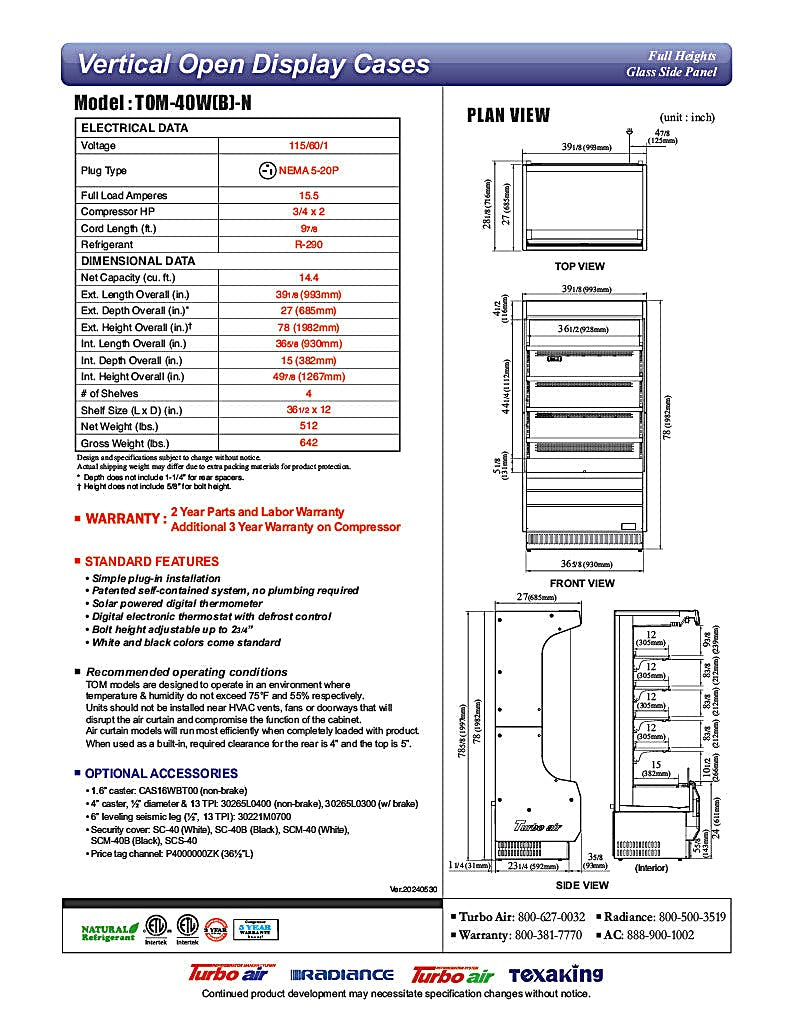 Turbo Air TOM-40W-N 39 1/8" Vertical Open Air Cooler w/ (5) Levels – White Exterior, 115v - Donut-Equipment.com