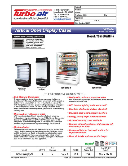 Turbo Air TOM-50B-N 51" Vertical Open Air Cooler w/ (5) Levels – Black Exterior, 115v - Bakery Wholesalers