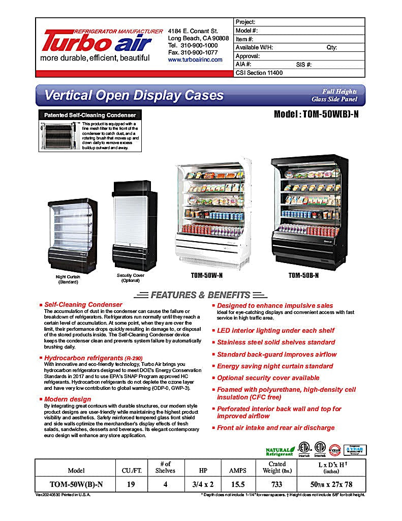 Turbo Air TOM-50W-N 51" Vertical Open Air Cooler w/ (5) Levels – White Exterior, 115v - Donut-Equipment.com