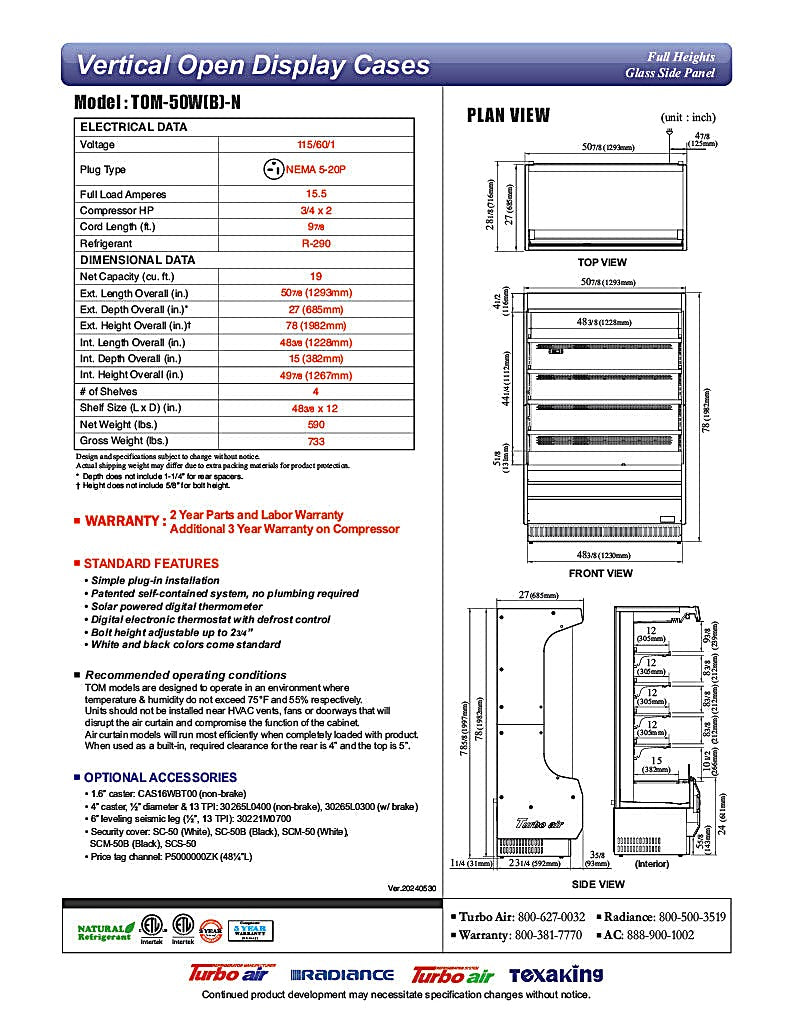 Turbo Air TOM-50W-N 51" Vertical Open Air Cooler w/ (5) Levels – White Exterior, 115v - Donut-Equipment.com