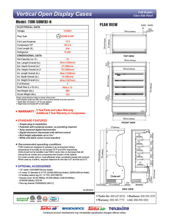 Turbo Air TOM-50W-N 51" Vertical Open Air Cooler w/ (5) Levels – White Exterior, 115v - Bakery Wholesalers