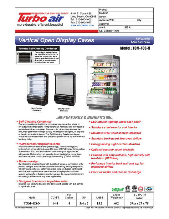 Turbo Air TOM-40S-N 39" Vertical Open Air Cooler w/ (5) Levels – Stainless Steel Exterior, 115v/1ph - Bakery Wholesalers