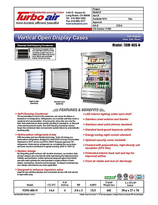 Turbo Air TOM-40S-N 39" Vertical Open Air Cooler w/ (5) Levels – Stainless Steel Exterior, 115v/1ph - Donut-Equipment.com