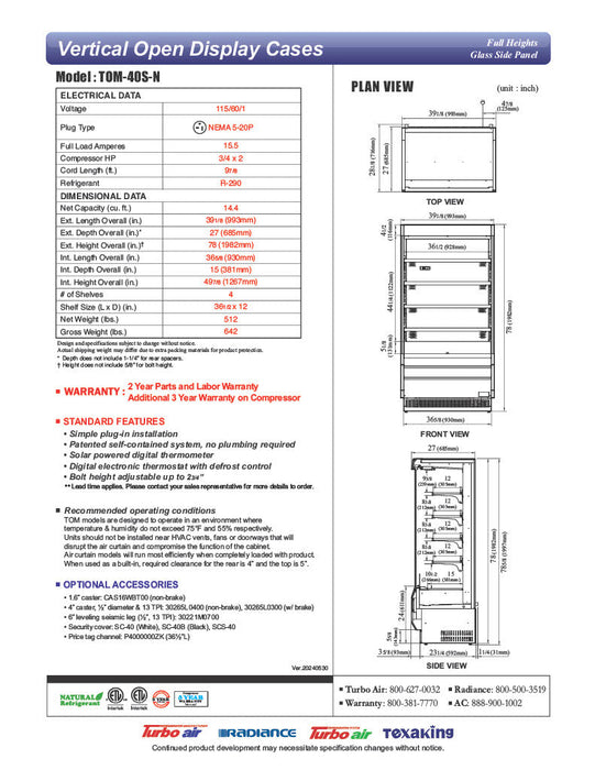 Turbo Air TOM-40S-N 39" Vertical Open Air Cooler w/ (5) Levels – Stainless Steel Exterior, 115v/1ph - Bakery Wholesalers