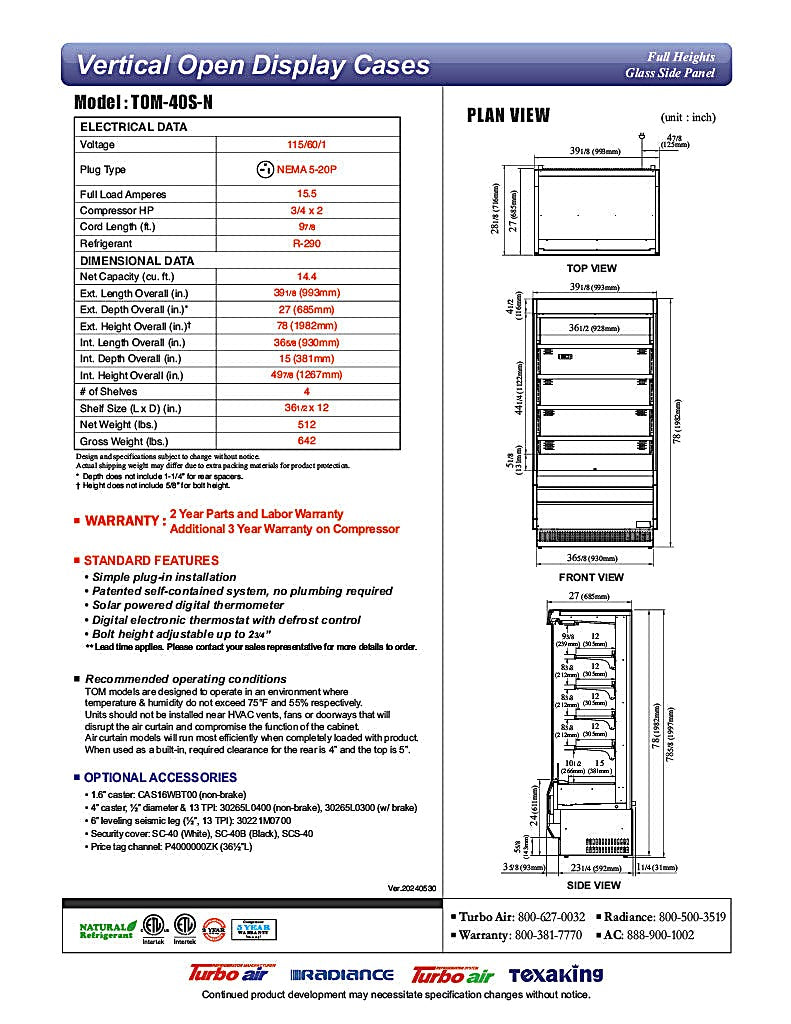 Turbo Air TOM-40S-N 39" Vertical Open Air Cooler w/ (5) Levels – Stainless Steel Exterior, 115v/1ph - Donut-Equipment.com