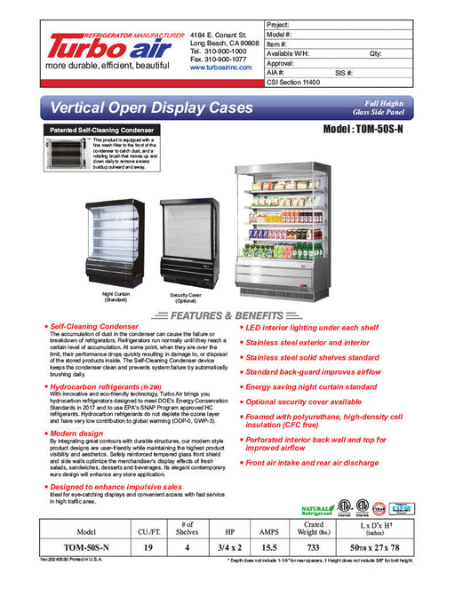 Turbo Air TOM-50S-N 50 7/8" Vertical Open Air Cooler w/ (5) Levels – Stainless Steel Exterior, 115v - Bakery Wholesalers