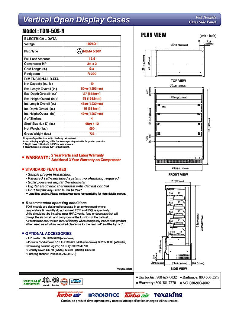 Turbo Air TOM-50S-N 50 7/8" Vertical Open Air Cooler w/ (5) Levels – Stainless Steel Exterior, 115v - Donut-Equipment.com