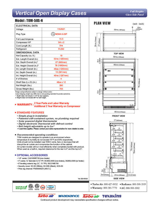 Turbo Air TOM-50S-N 50 7/8" Vertical Open Air Cooler w/ (5) Levels – Stainless Steel Exterior, 115v - Bakery Wholesalers