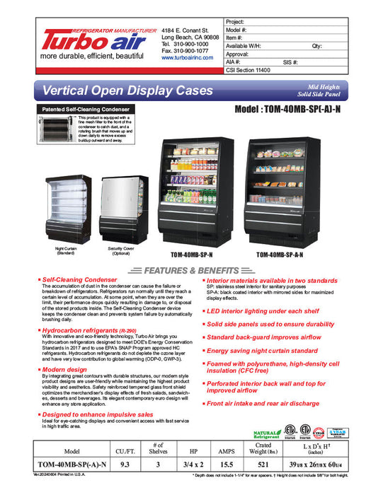 Turbo Air TOM-40MB-SP-N 39 1/8" Vertical Open Air Cooler w/ (4) Levels – Black Exterior, 115v - Bakery Wholesalers