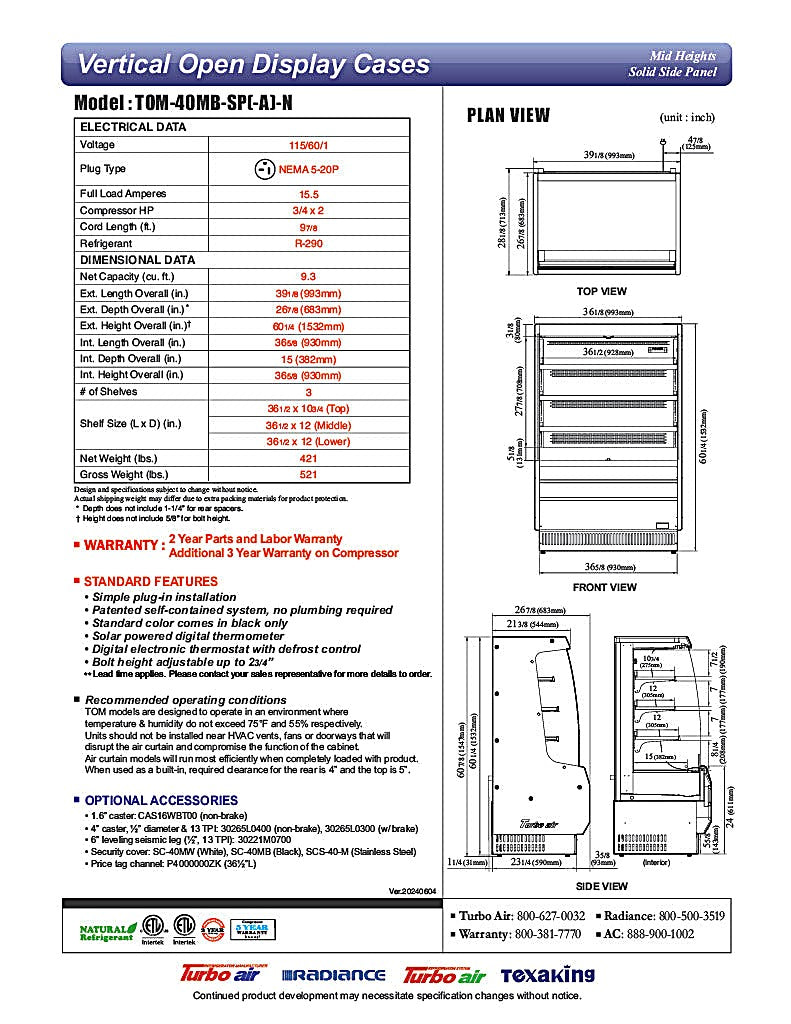 Turbo Air TOM-40MB-SP-N 39 1/8" Vertical Open Air Cooler w/ (4) Levels – Black Exterior, 115v - Donut-Equipment.com