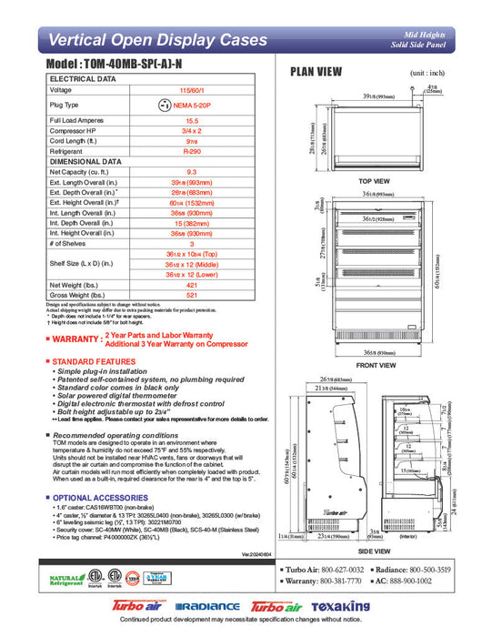 Turbo Air TOM-40MB-SP-N 39 1/8" Vertical Open Air Cooler w/ (4) Levels – Black Exterior, 115v - Bakery Wholesalers