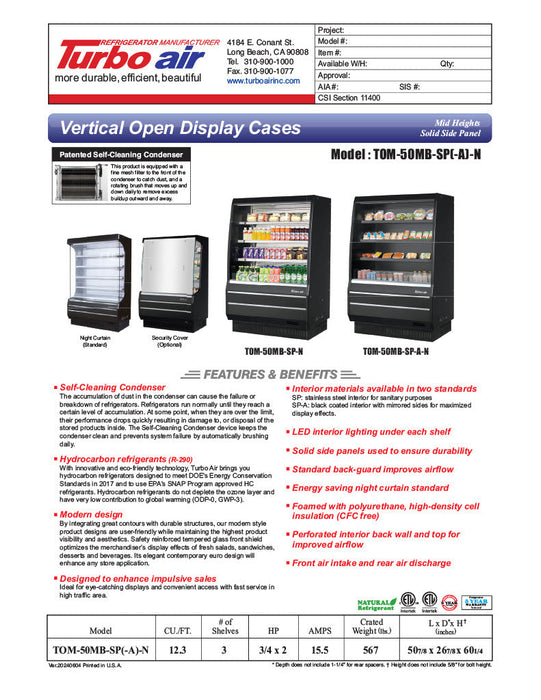 Turbo Air TOM-50MB-SP-N 50 7/8" Vertical Open Air Cooler w/ (4) Levels – Black Exterior, 115v - Bakery Wholesalers