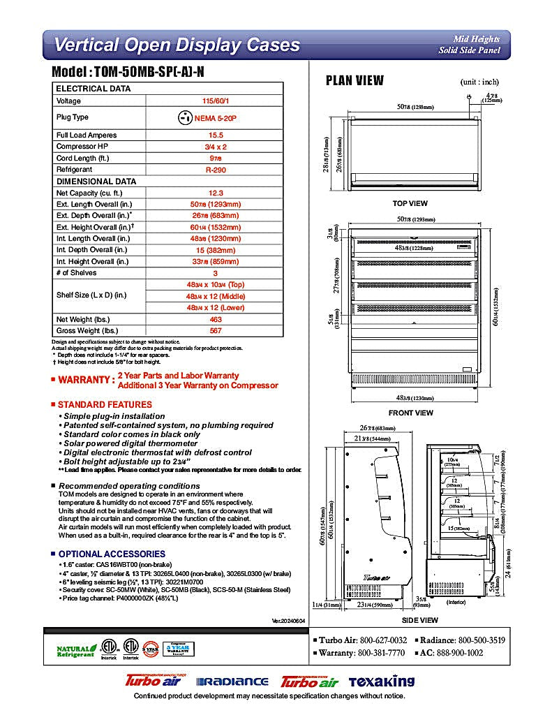 Turbo Air TOM-50MB-SP-N 50 7/8" Vertical Open Air Cooler w/ (4) Levels – Black Exterior, 115v - Donut-Equipment.com