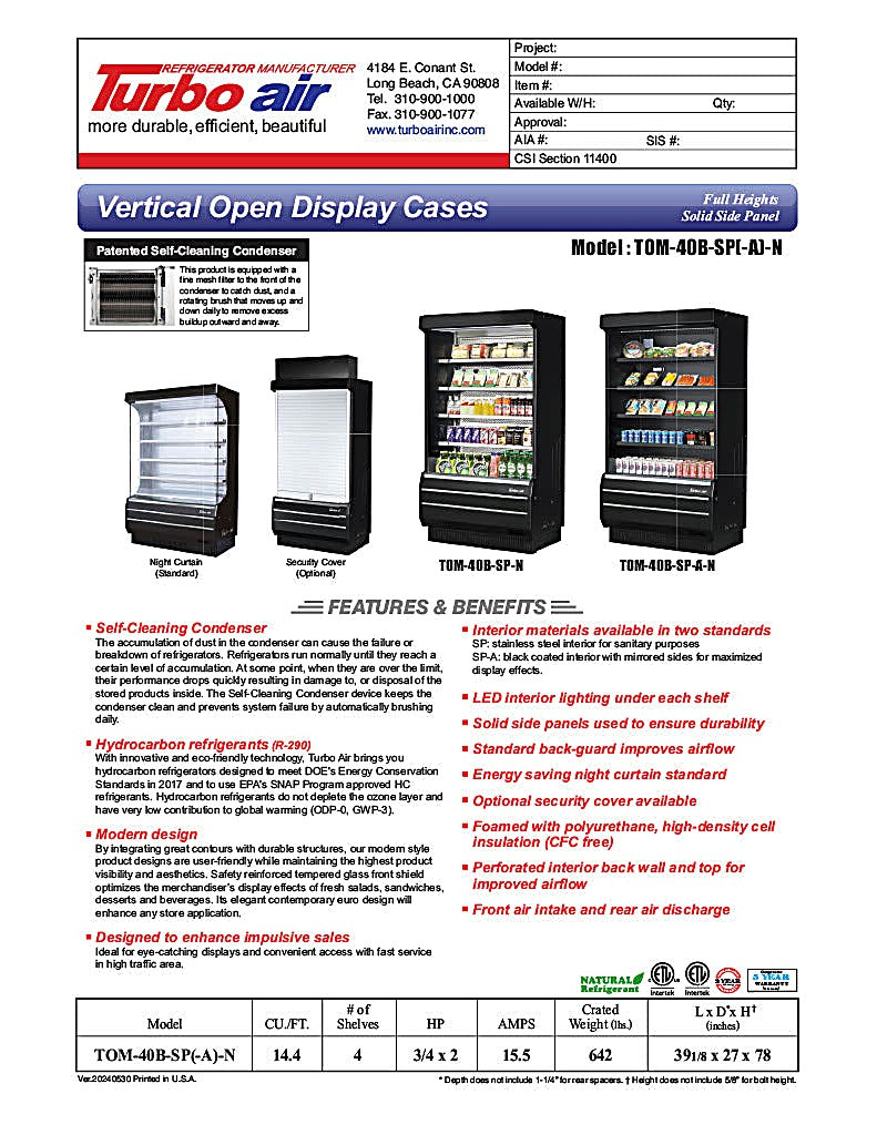 Turbo Air TOM-40B-SP-N 39 1/8" Vertical Open Air Cooler w/ (5) Levels – Black Exterior, 115v - Donut-Equipment.com