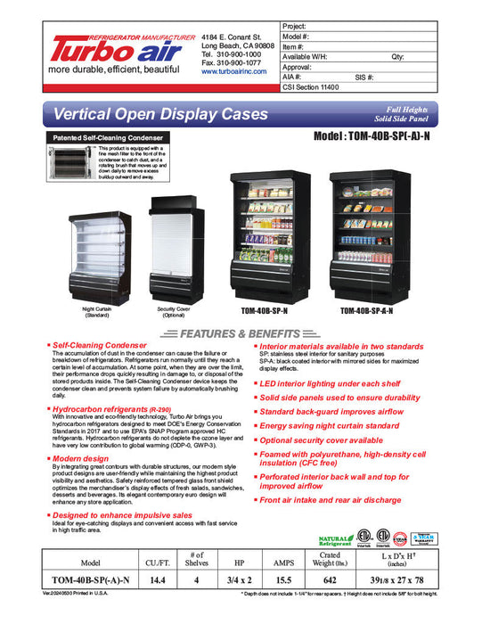 Turbo Air TOM-40B-SP-N 39 1/8" Vertical Open Air Cooler w/ (5) Levels – Black Exterior, 115v - Bakery Wholesalers