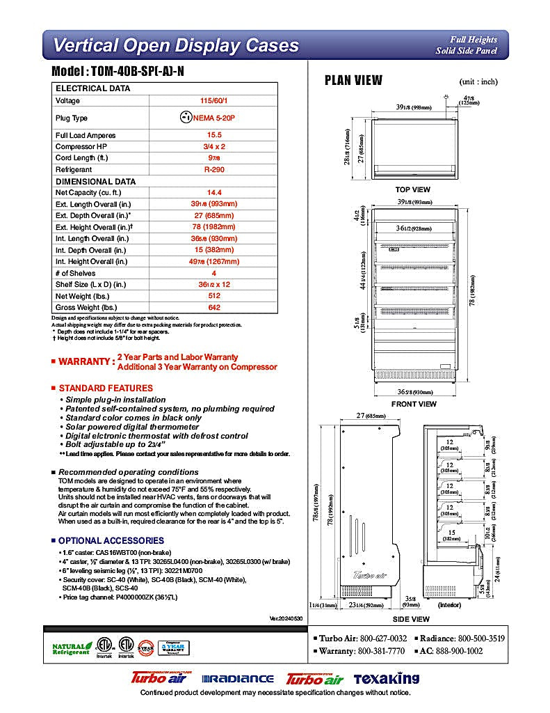 Turbo Air TOM-40B-SP-N 39 1/8" Vertical Open Air Cooler w/ (5) Levels – Black Exterior, 115v - Donut-Equipment.com