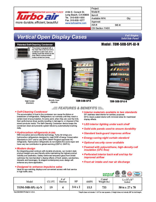 Turbo Air TOM-50B-SP-N 51" Vertical Open Air Cooler w/ (5) Levels – Black Exterior, Solid Side Panels, 115v - Bakery Wholesalers