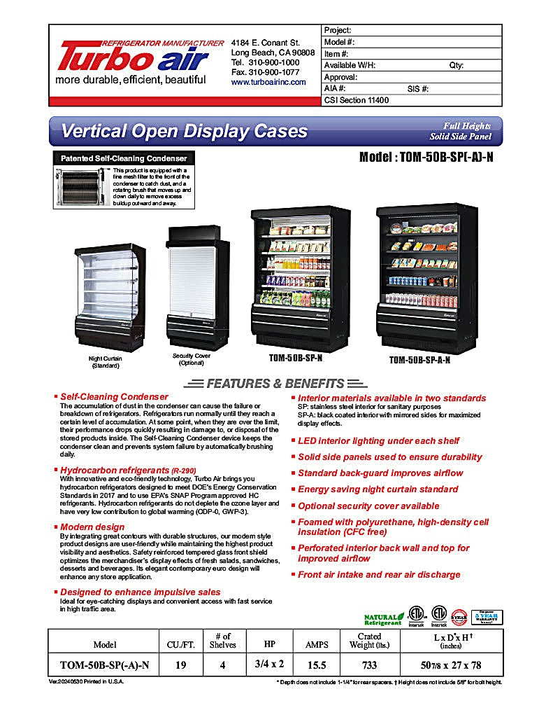Turbo Air TOM-50B-SP-N 51" Vertical Open Air Cooler w/ (5) Levels – Black Exterior, Solid Side Panels, 115v - Donut-Equipment.com