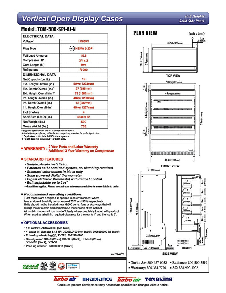 Turbo Air TOM-50B-SP-N 51" Vertical Open Air Cooler w/ (5) Levels – Black Exterior, Solid Side Panels, 115v - Donut-Equipment.com