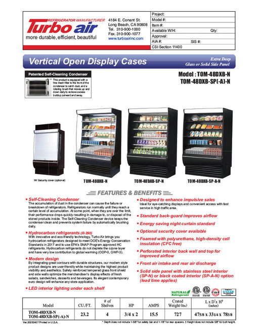 Turbo Air TOM-48DXB-N 48" Vertical Open Air Cooler w/ (5) Levels – Black Exterior, 115v - Bakery Wholesalers