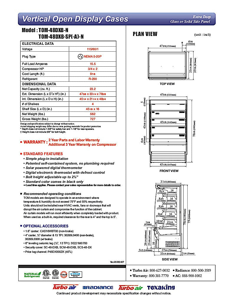 Turbo Air TOM-48DXB-N 48" Vertical Open Air Cooler w/ (5) Levels – Black Exterior, 115v - Donut-Equipment.com