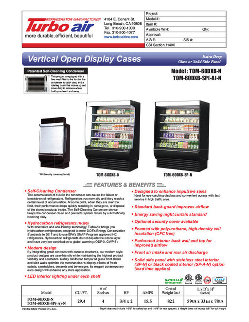 Turbo Air TOM-60DXB-N 60" Vertical Open Air Cooler w/ (5) Levels – Extra Deep, Black Exterior, 115v - Bakery Wholesalers