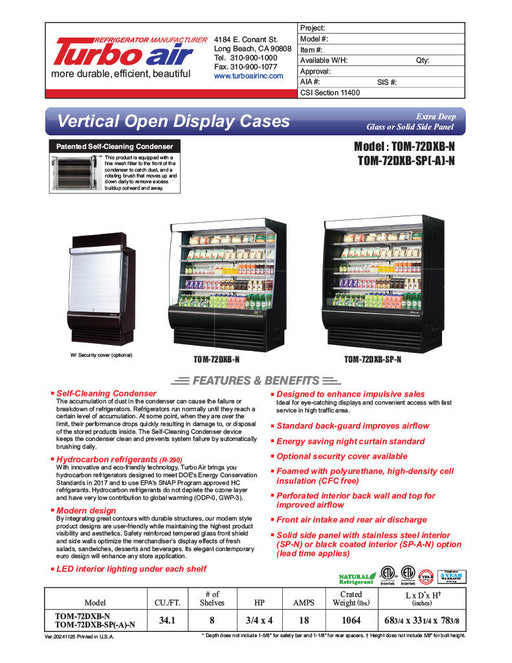 Turbo Air TOM-72DXB-N 69" Vertical Open Air Cooler w/ (5) Levels – Extra Deep, Black Exterior, 115v - Bakery Wholesalers