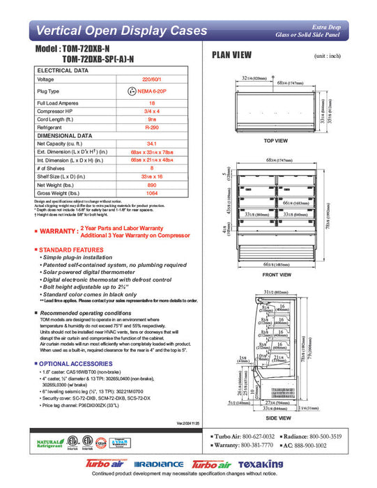Turbo Air TOM-72DXB-N 69" Vertical Open Air Cooler w/ (5) Levels – Extra Deep, Black Exterior, 115v - Bakery Wholesalers
